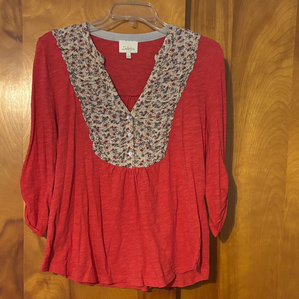 Deletta Anthropologie Scarlet Blouse with Floral Detail M EUC